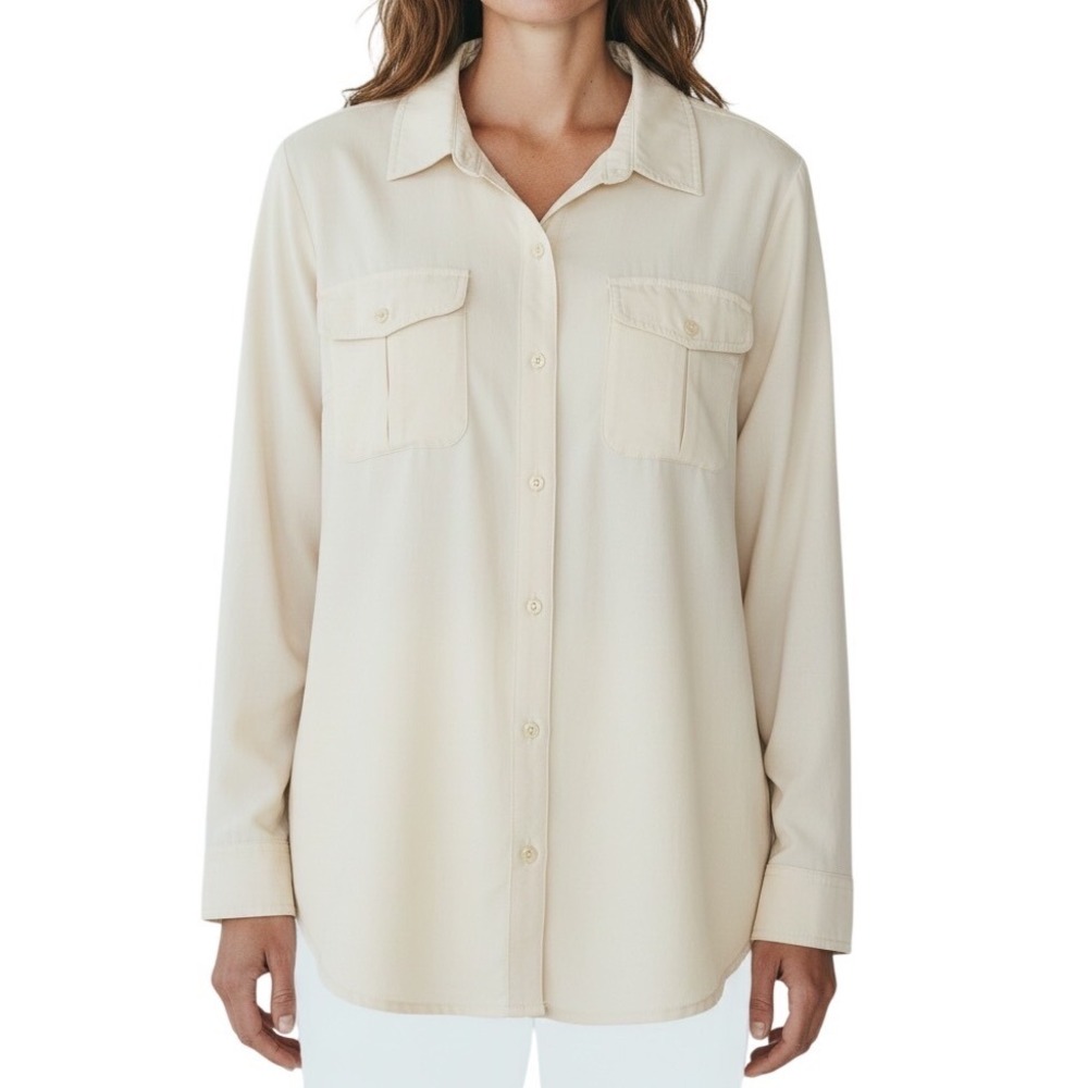 Eddie Bauer Women XL Cream Button Front Utility Shirt Long Sleeve Stretch Safari